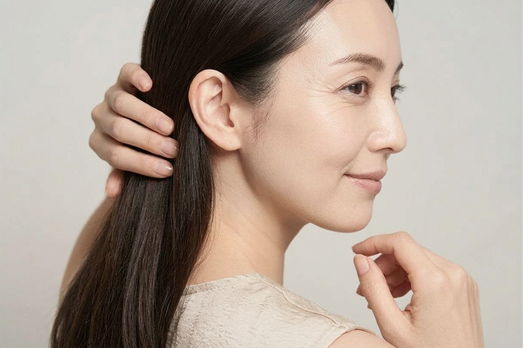 髪に触れながら微笑む女性