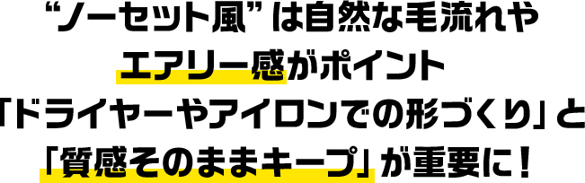 “ノーセット風”は自然な毛流れや エアリー感がポイント 「ドライヤーやアイロンでの形作り」と 「質感そのままキープ」が重要に！